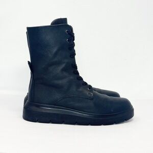 ECCO Women's Nouvelle Lace Up Boots Size 40 EU Black Leather Zip Combat Mid Calf